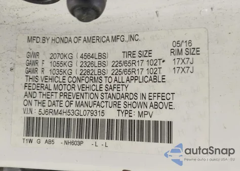 2016 Honda Cr-V Ex from USA, damaged, VIN 5J6RM4H53GL079315